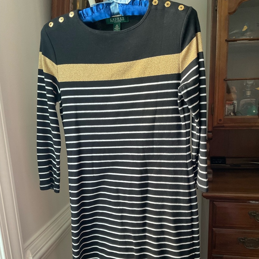 Ralph Lauren Black and Gold Striped Dress button detail colorblock knee length